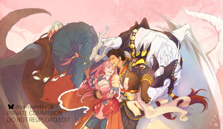 Characters being shoved together by their wyverns